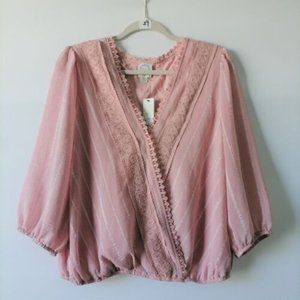 Blue Rain Francesca's Collection Pink V-Neck Lace Faux Wrap Blouse Size XL